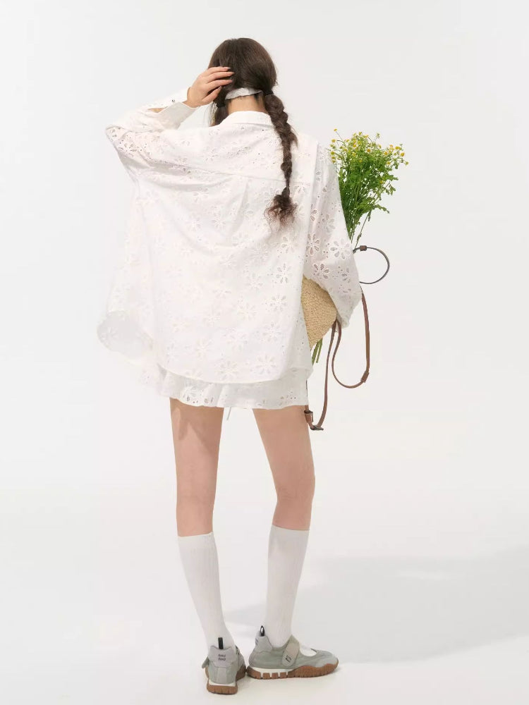 Collar Cut-Out Floral Shirt & Skirt Set