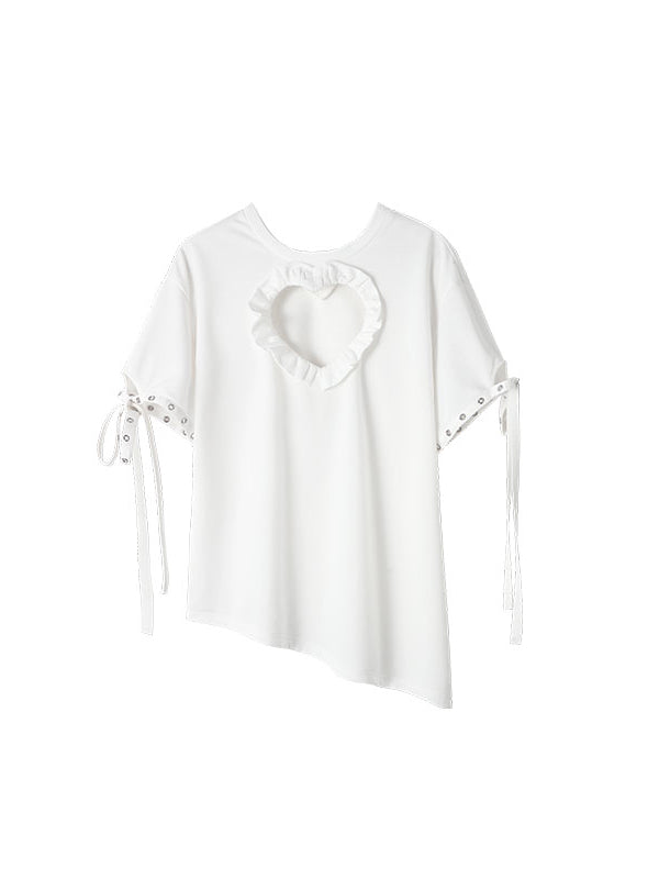 Black & White Heart-shaped Hollow-out Lace-up T-Shirt