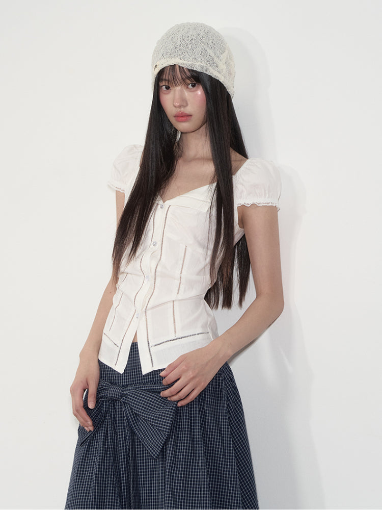 Lapel Waist-Cinching Lace Elastic Shirt