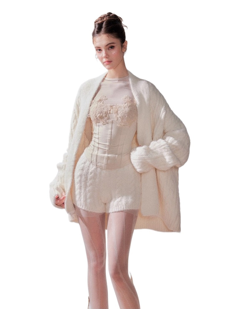 Knit Sweater Cardigan Coat & Shorts Set