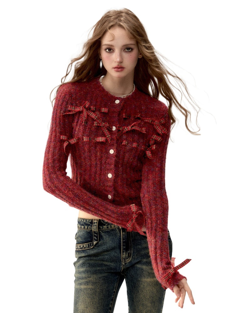 Red & Black Bow Decorated Knit Cardigan
