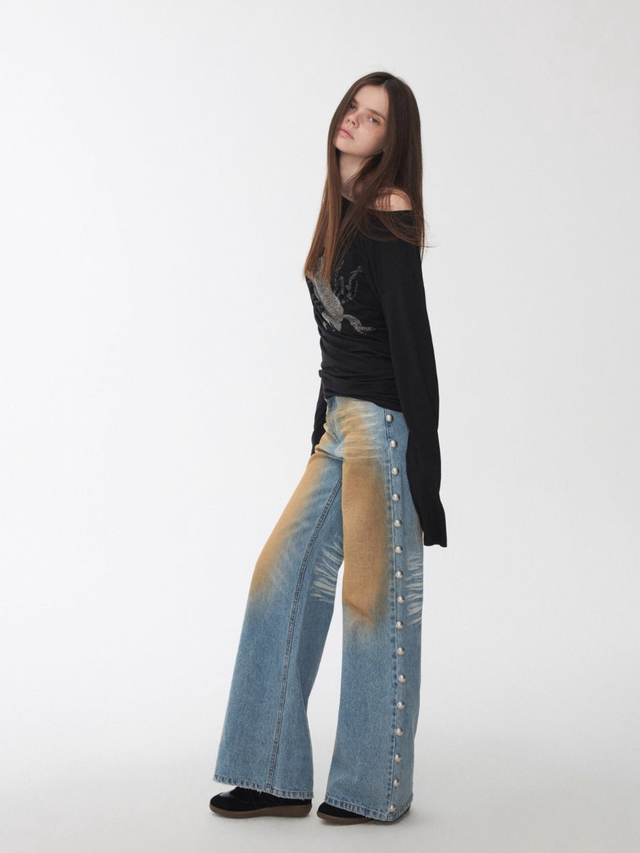 Rhinestone Embellished Asymmetric Drape T-shirt