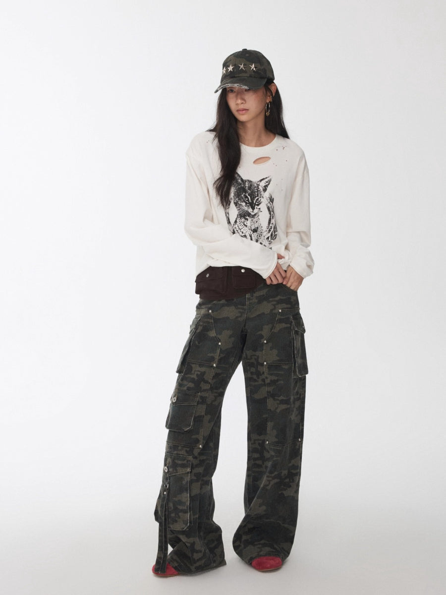 Washed Camo Multi-Pocket Cargo Wide-Leg Pants