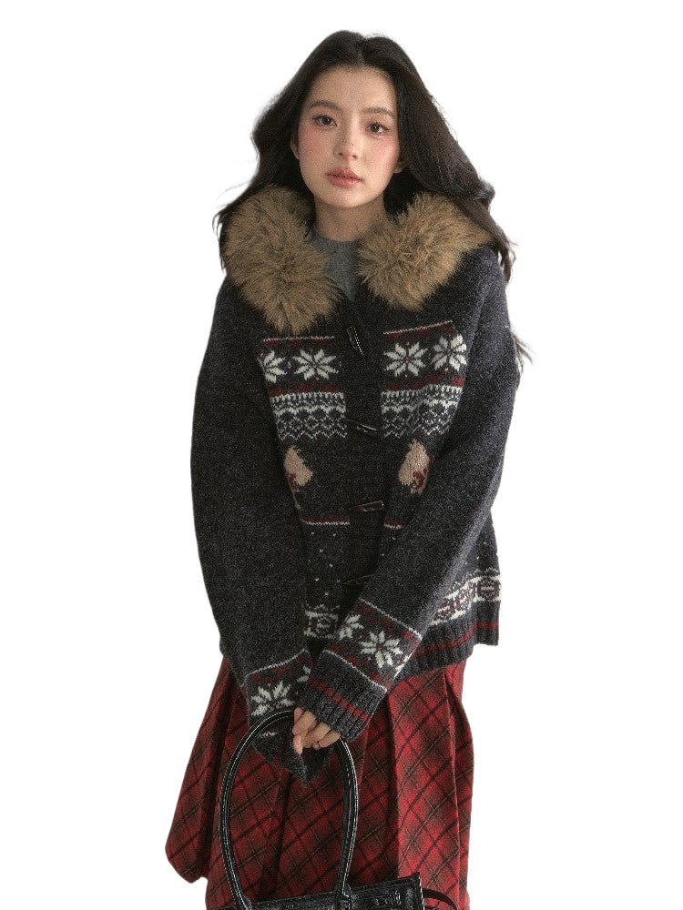Fair Isle Dog Fur-Collar Cardigan