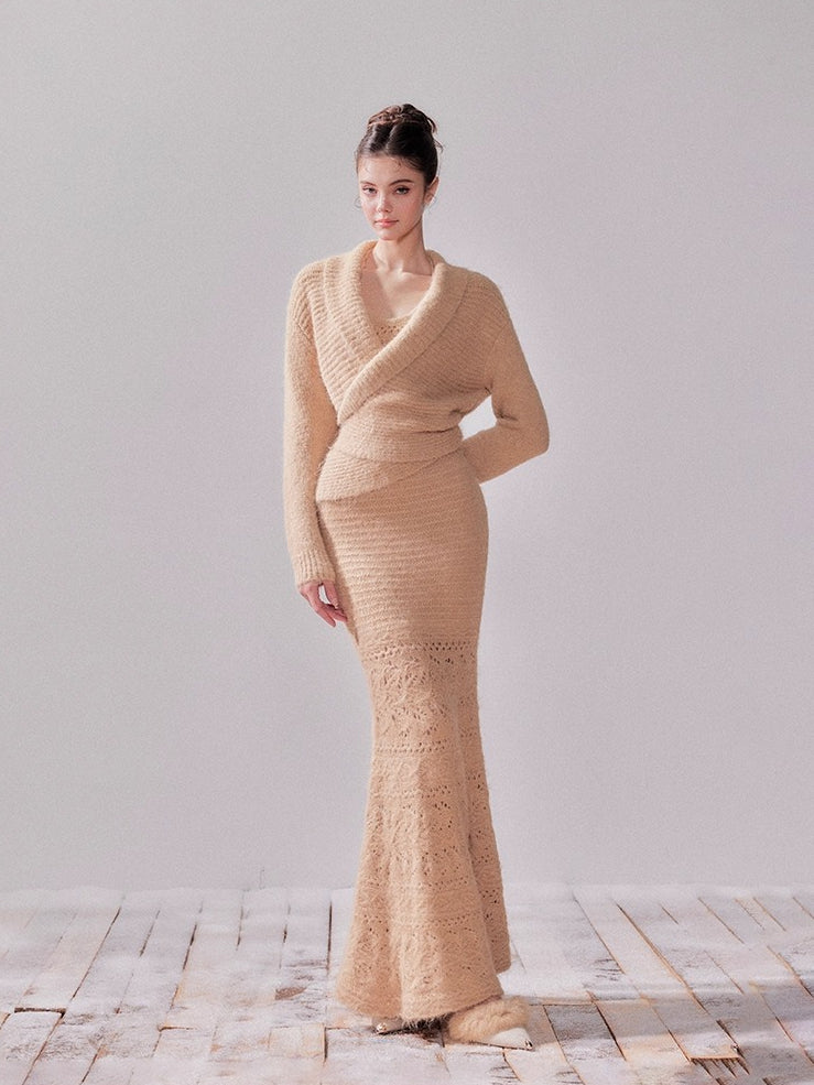 Fishtail Pencil Dress & Hollow Knit Cardigan Set