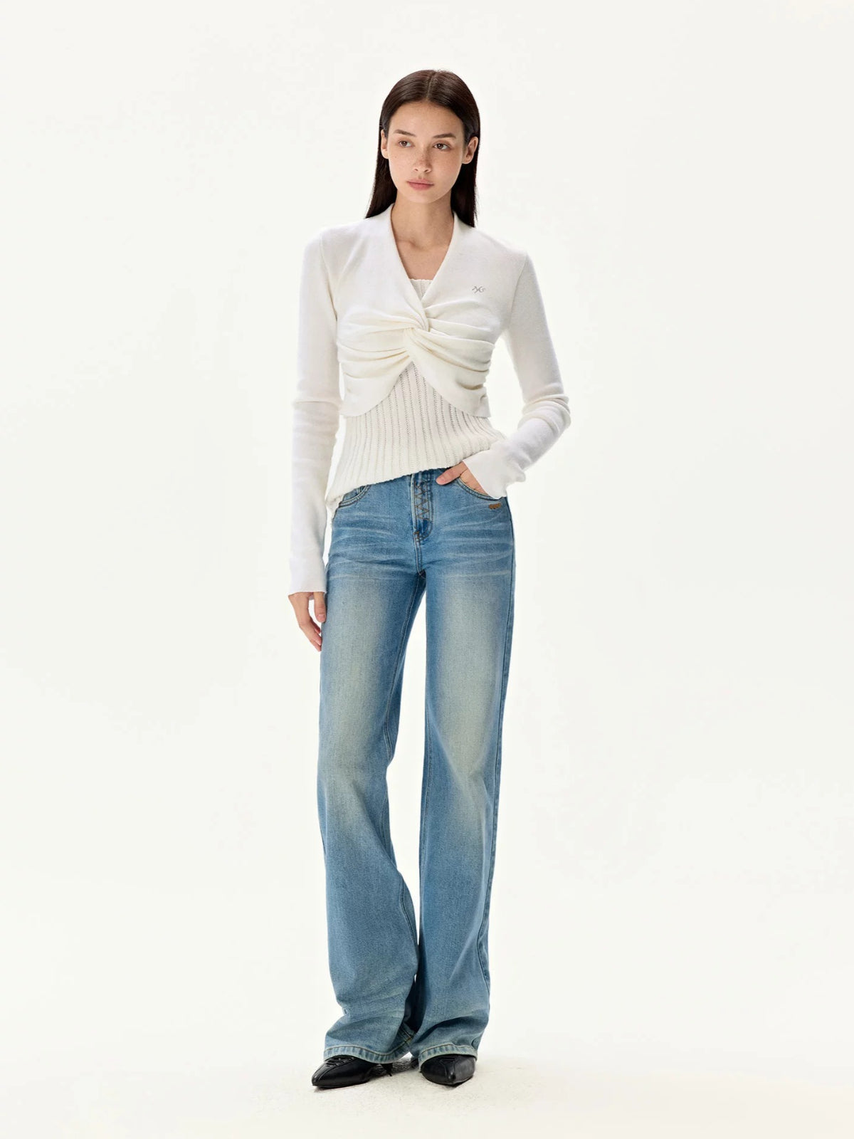 Pearl Twist Knit V-Neck Sweater