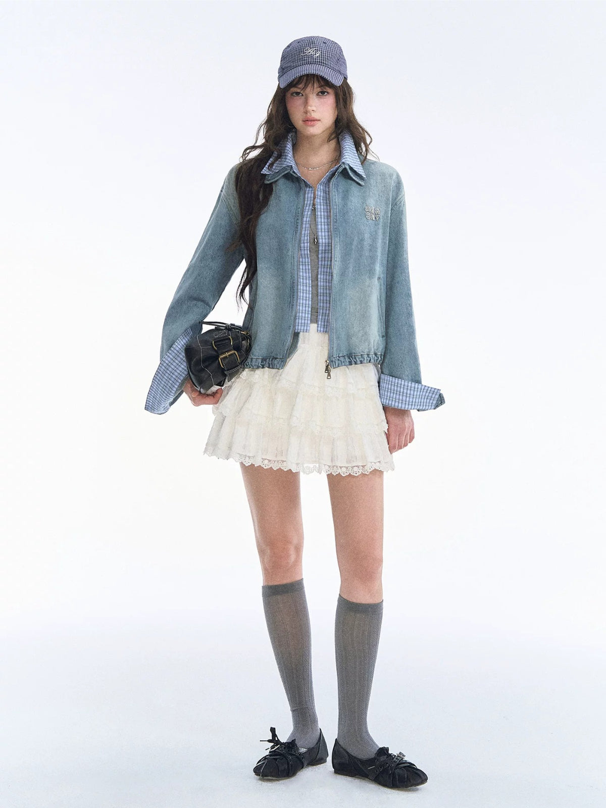 Academic Plaid Patchwork Denim Jacket