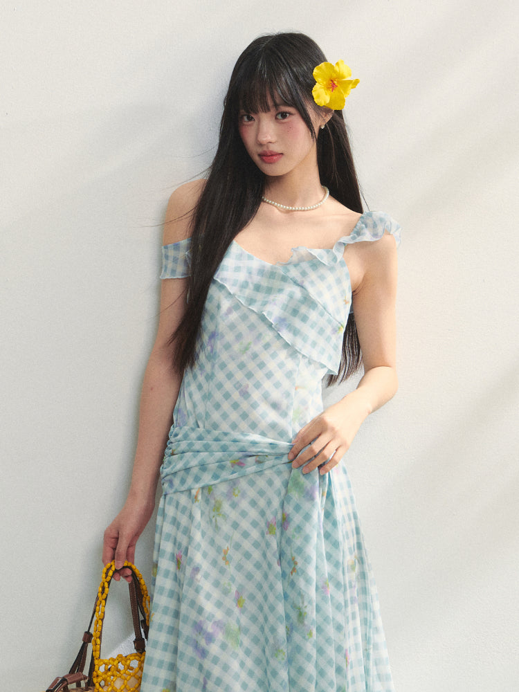 Checkered Print Asymmetrical Slip Dress