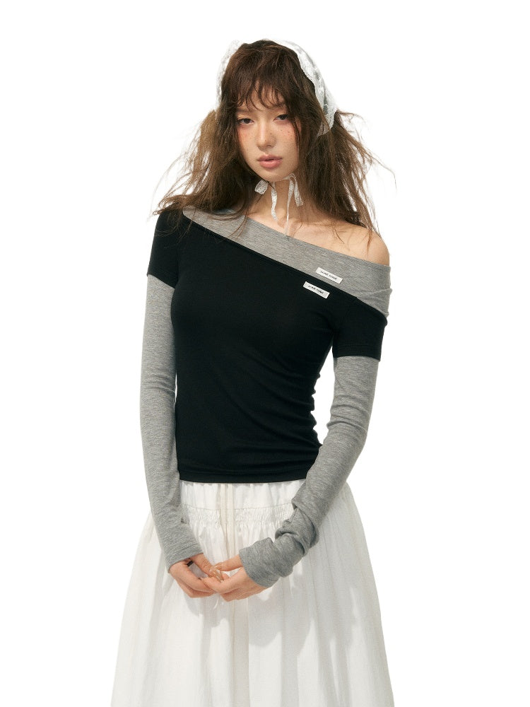 Irregular Fake Two-Piece Color-Block Knit T-shirt