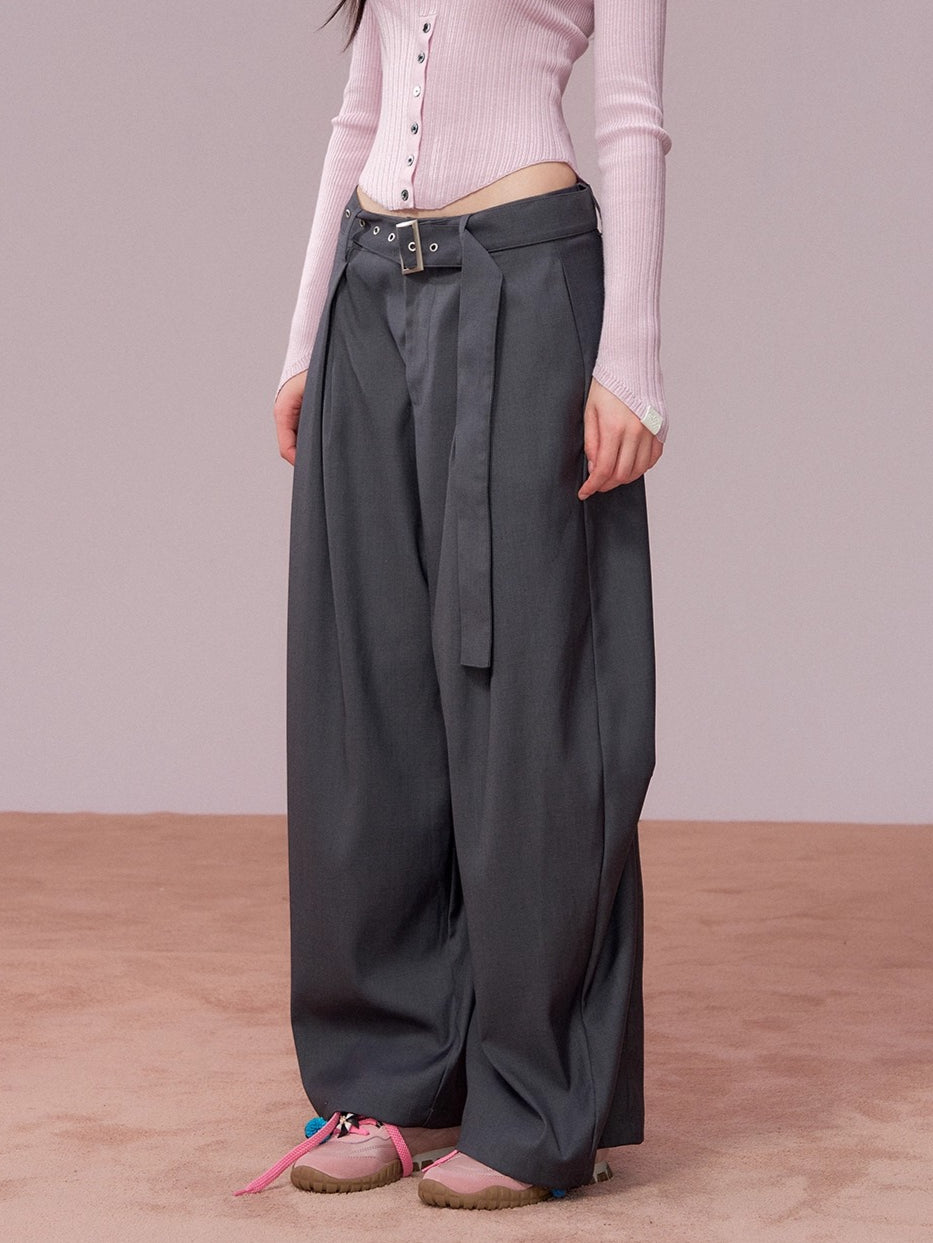 Belted Wide-Leg Tailored Trousers