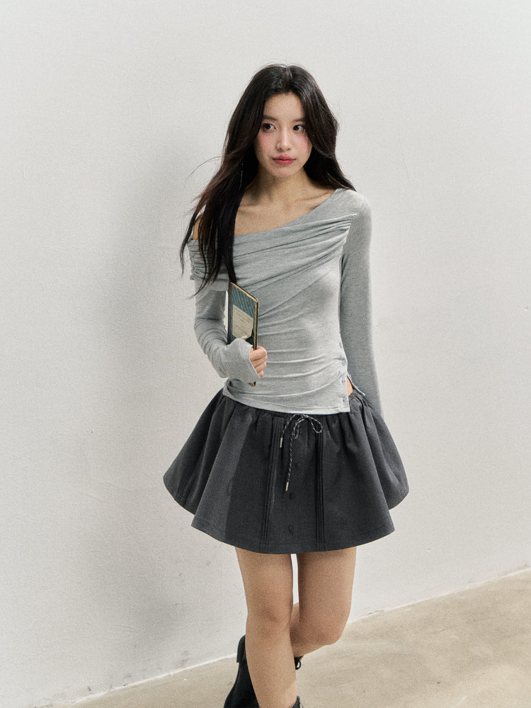 Asymmetric Shoulder Voluminous Ruched T-Shirt