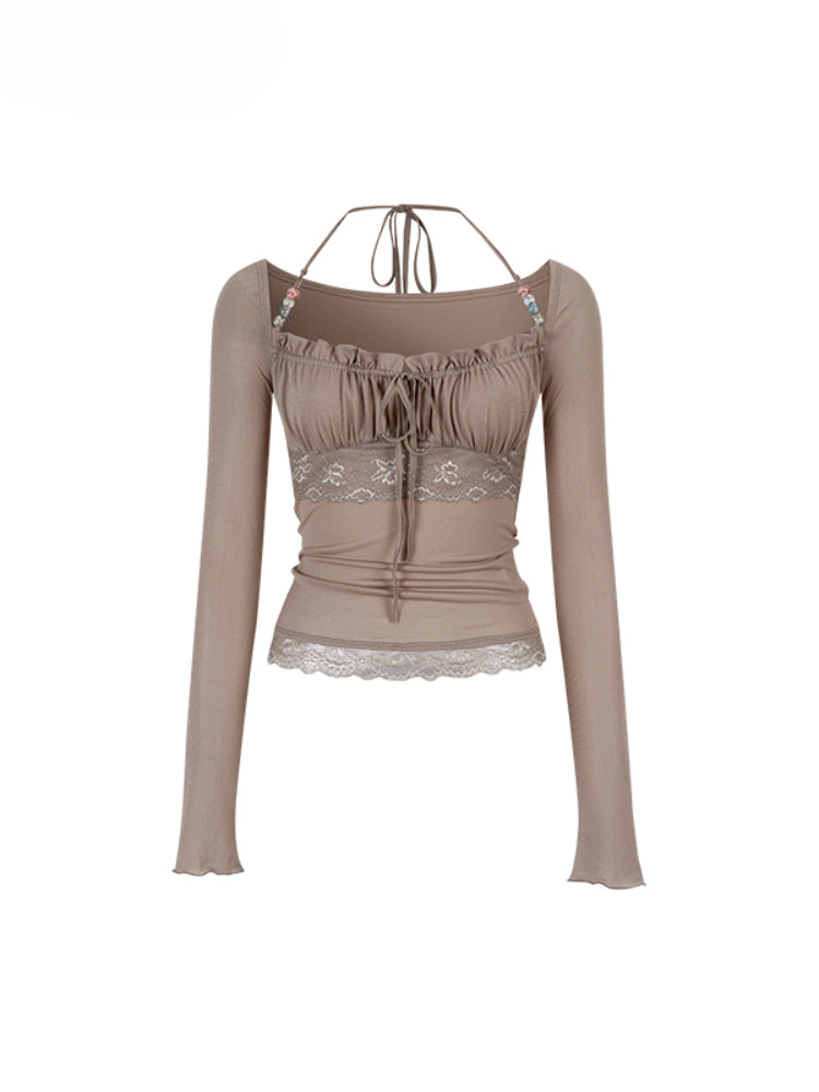 Lace Panel Beaded Acetate T-shirt