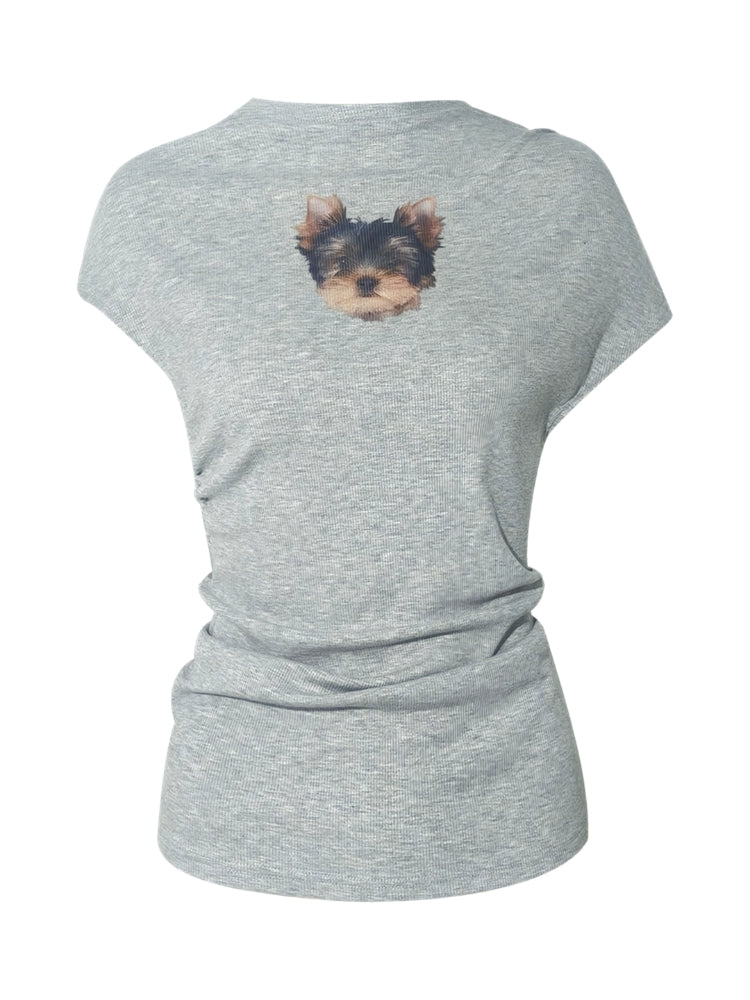 Elastic Pleated Crew Neck T-shirt