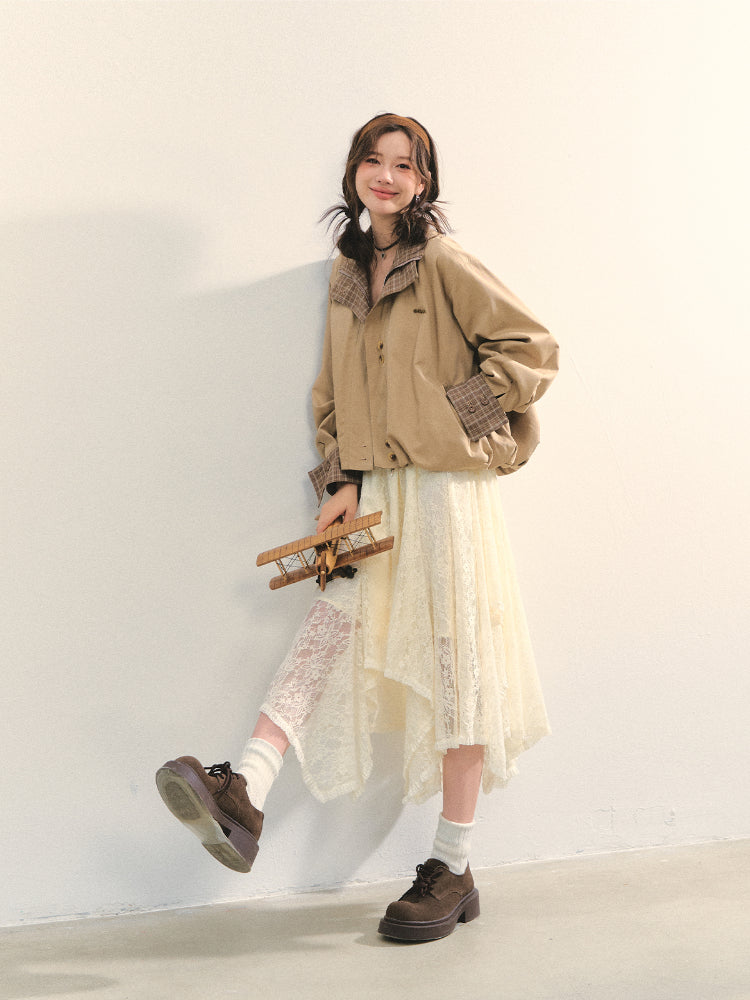 Two-piece Plaid Spliced Cocoon-shaped Trench Jacket