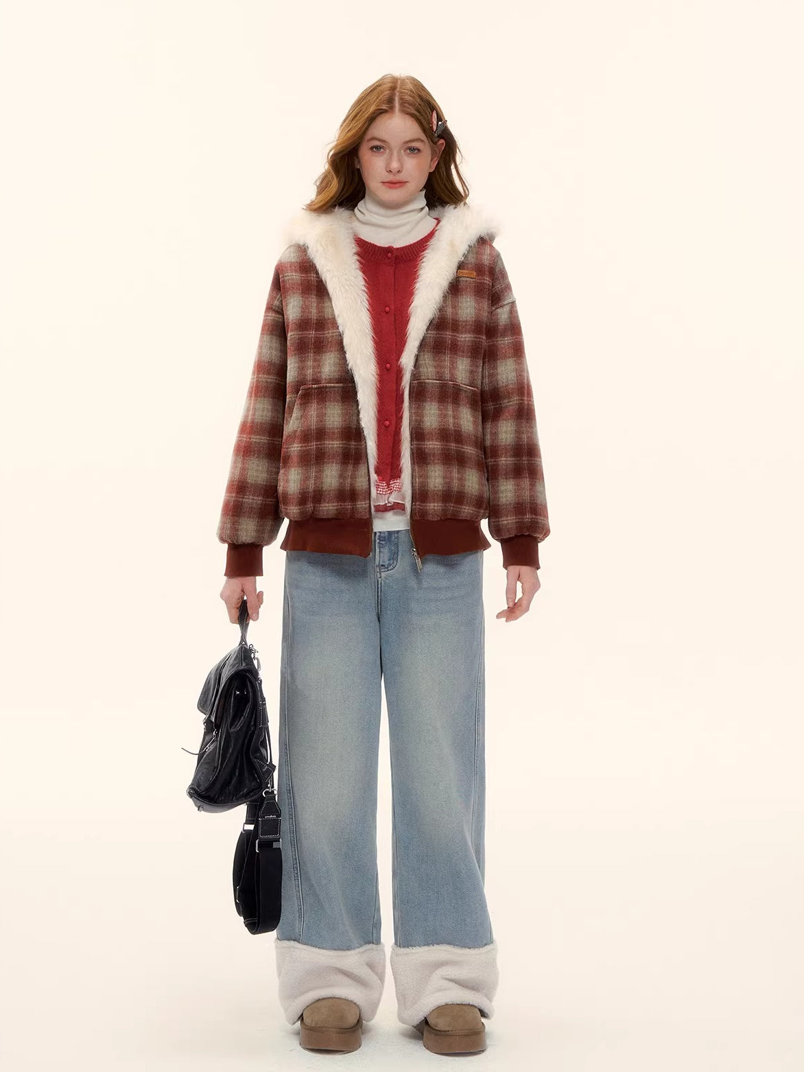 Blue Shearling-Trim Straight-Leg Denim Pants