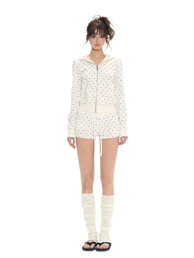 Polka Dot Slim Hoodie & High-Waist Shorts Set