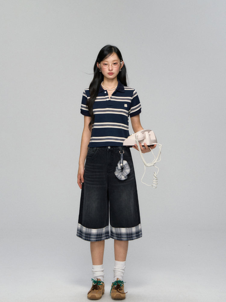 Checkered Patchwork Color-Blocking Wide-Leg Pants Set