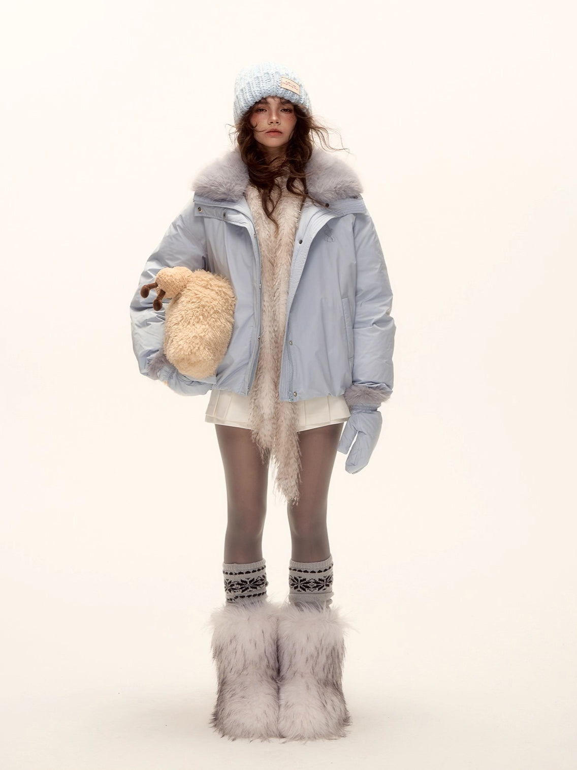 Detachable Fur Collar Short Down Jacket & Gloves Set