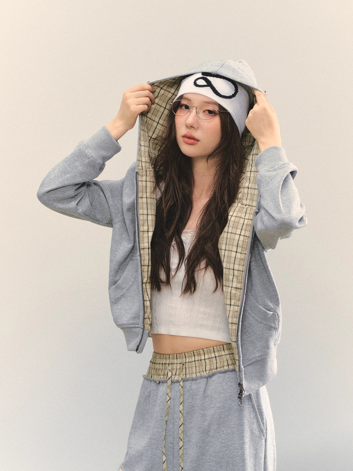 Gray Embroidered Zipper Hoodie& Checkered Pants Set