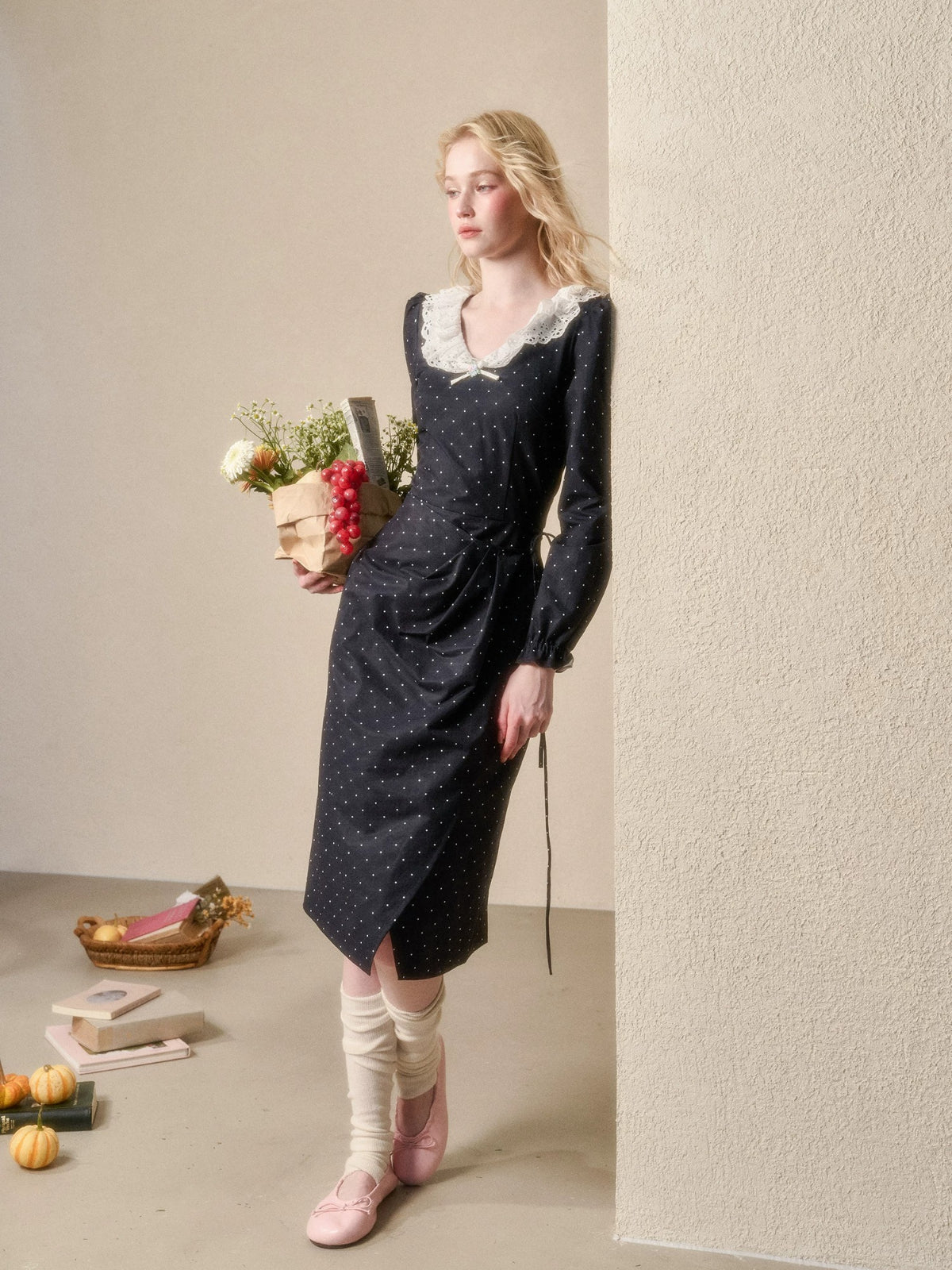 Vintage Polka Dot Lace Trim Dress