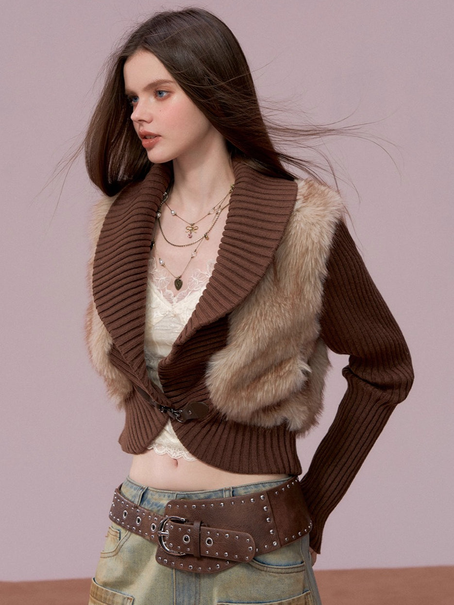 Faux Fur Panel Knitted Short Jacket