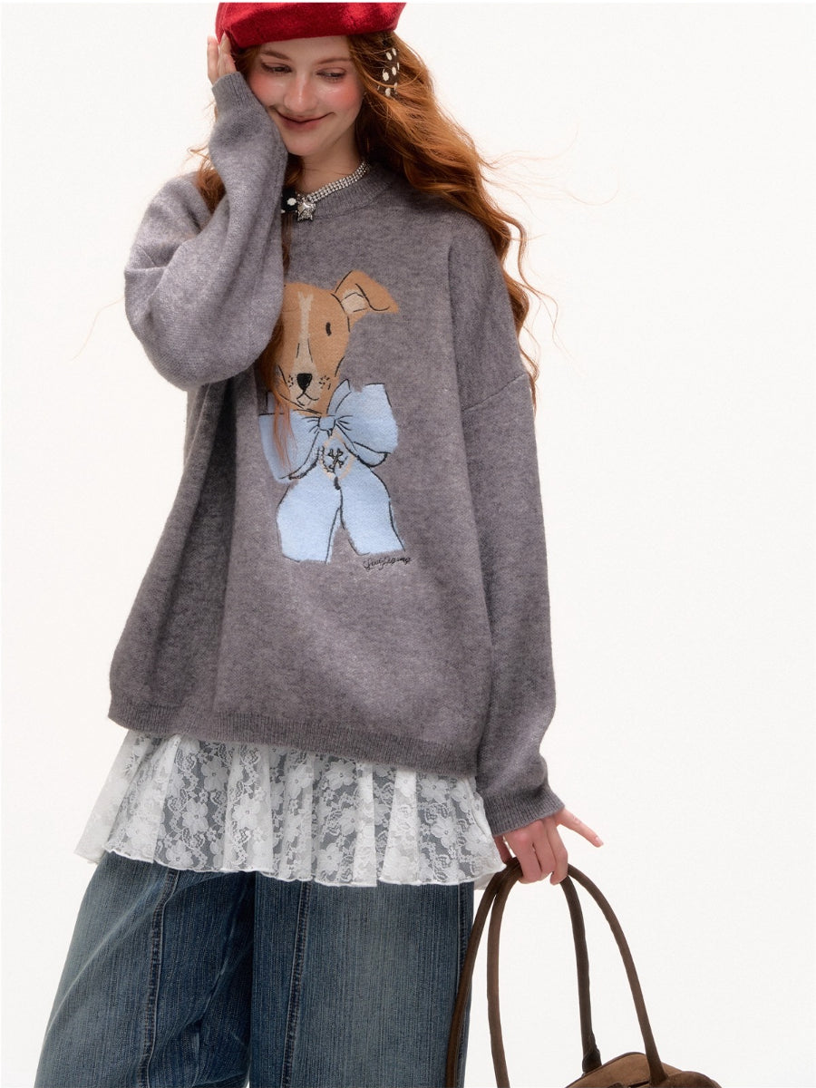 Bow-Knot Puppy Jacquard Pullover Sweater