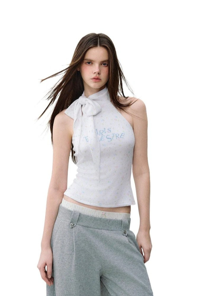 Contrast-Letter Bow-Tie Halter Top