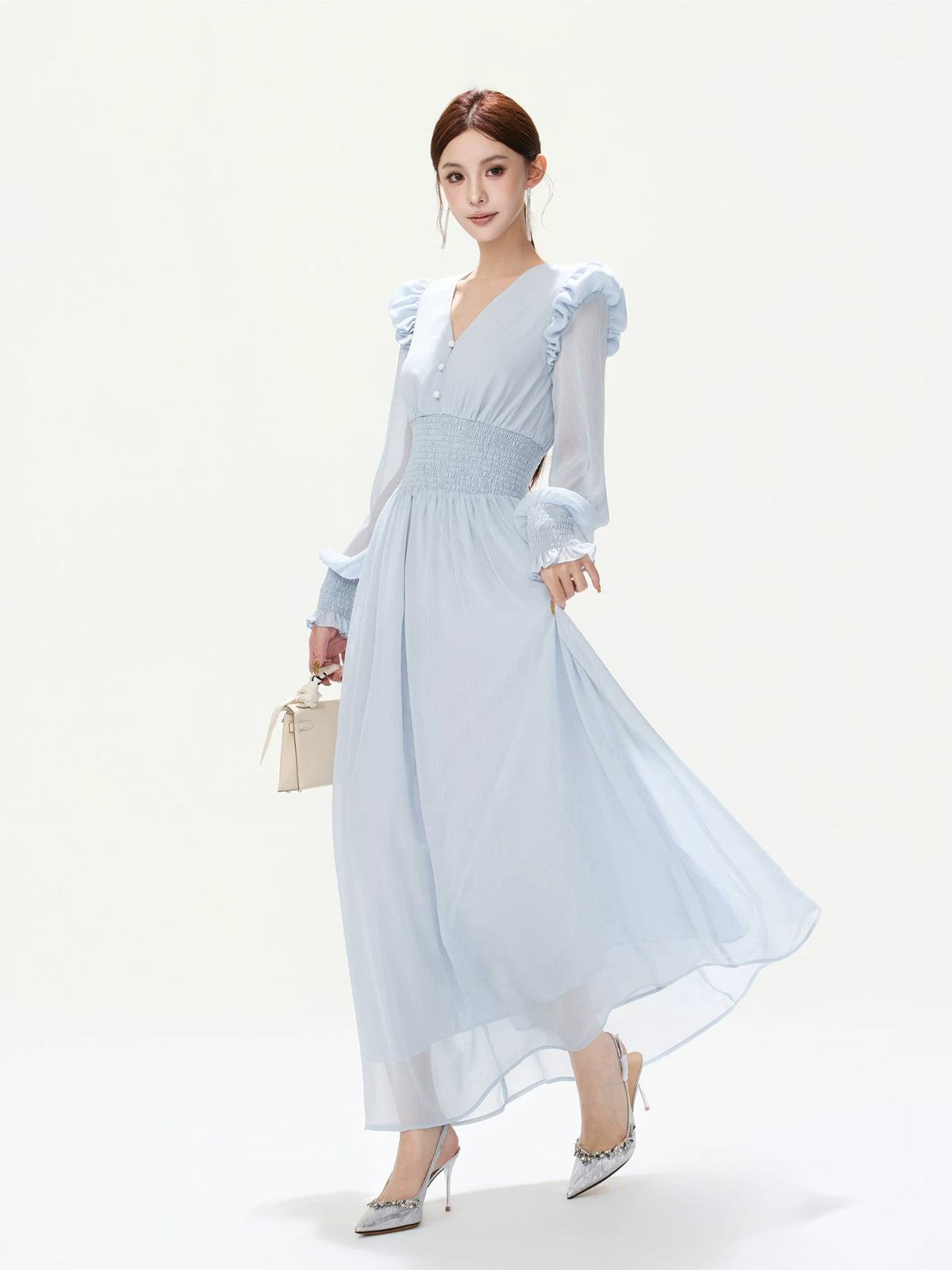 French Ruffle Chiffon Lantern Sleeve Dress