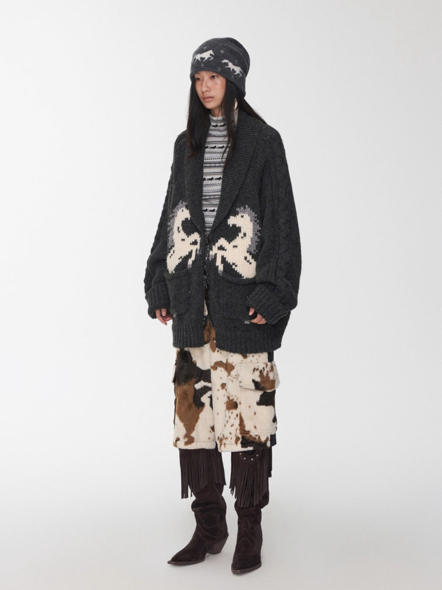 Pony Jacquard Horn-Button Chunky Cardigan