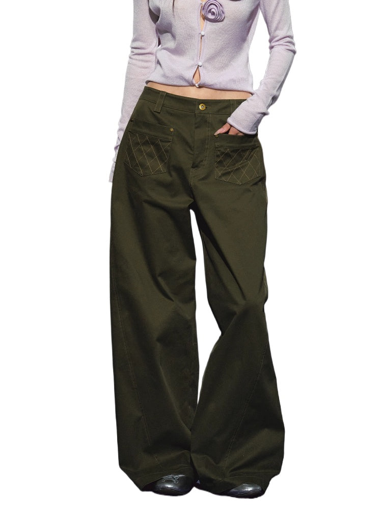 Pocket Diamond Stitching Straight-Leg Pants