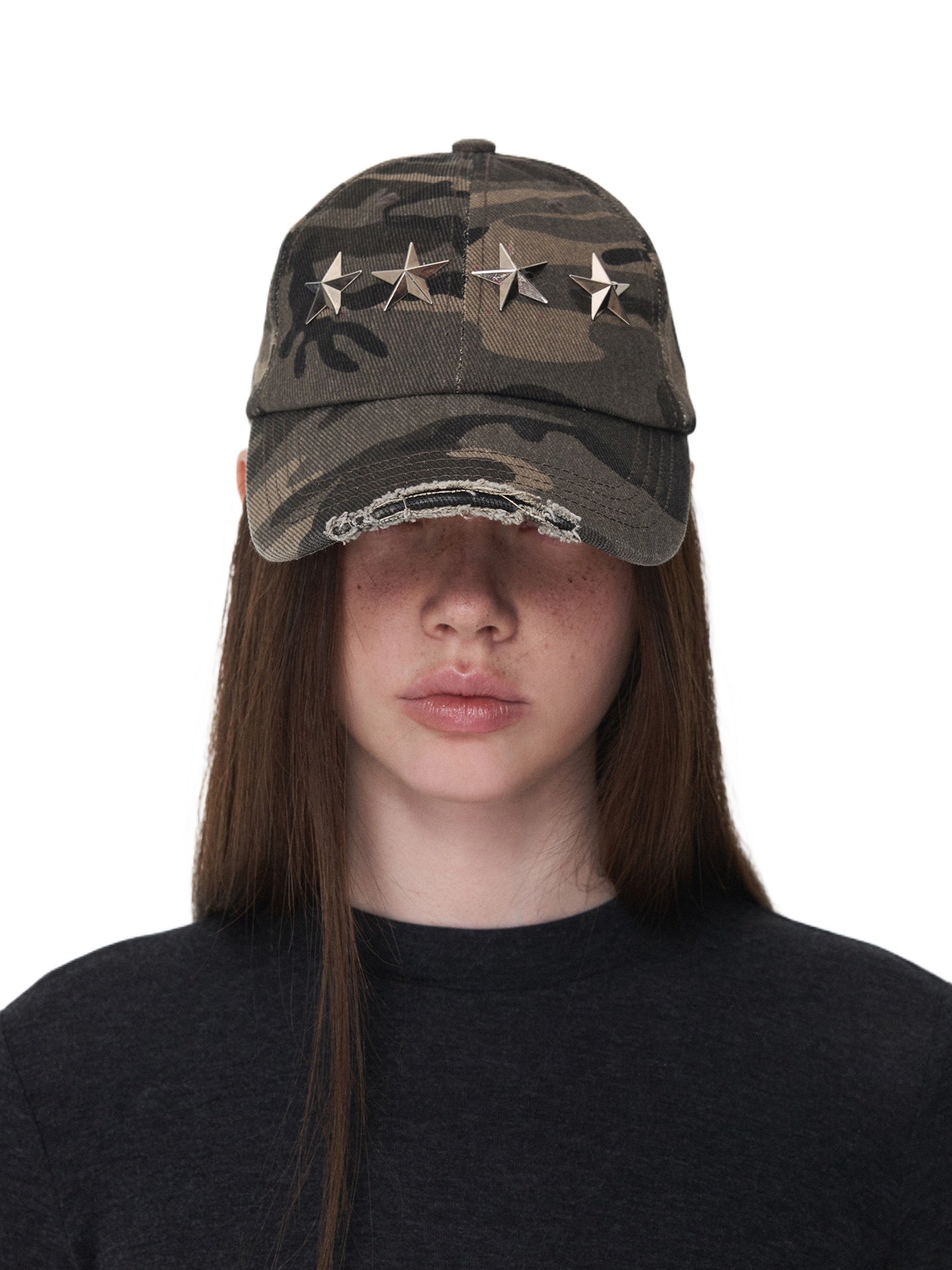 Distressed Star Studded Camouflage Baseball Cap