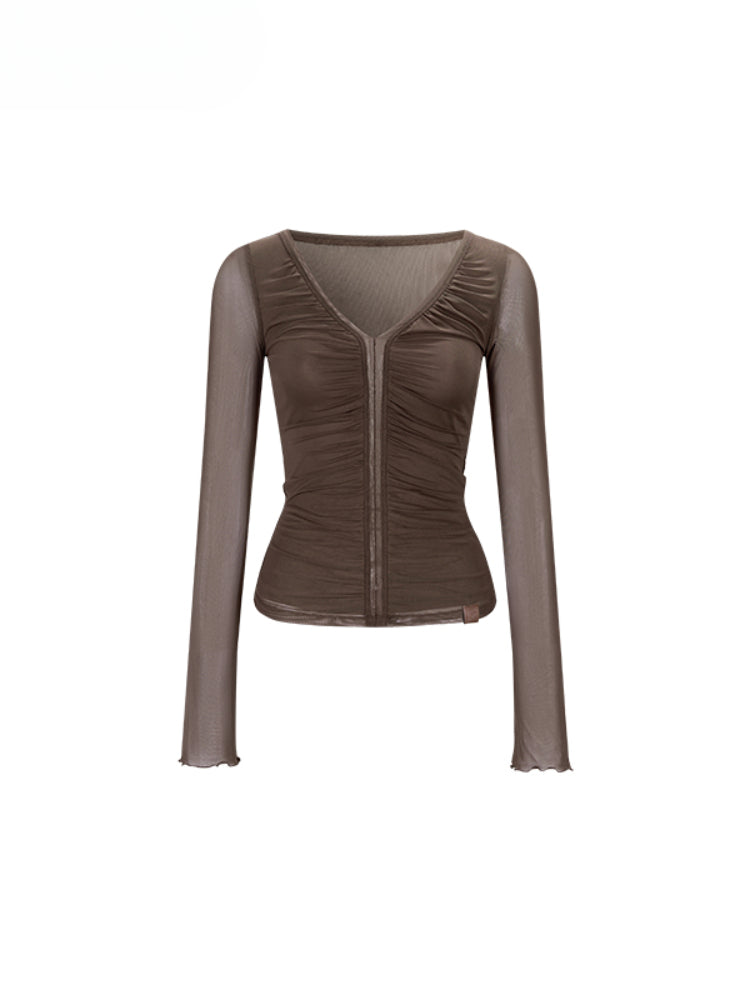 V-Neck Ruffled Mesh Slim Long-Sleeve Blouse
