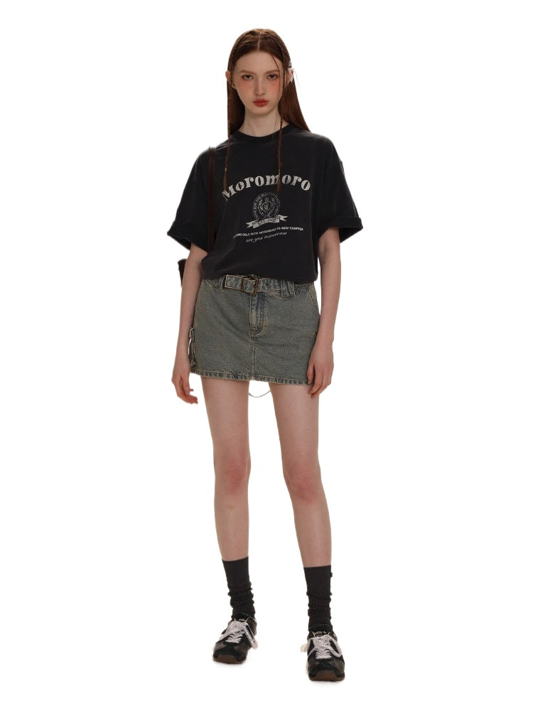 Navy Blue Distressed Print Loose T-Shirt