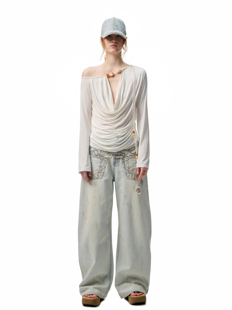 Beaded Cowl Neck Off-shoulder Long-sleeve Tunic