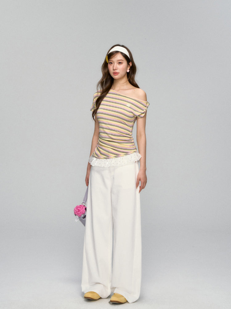 Striped Lace-Spliced Asymmetric-Shoulder T-shirt