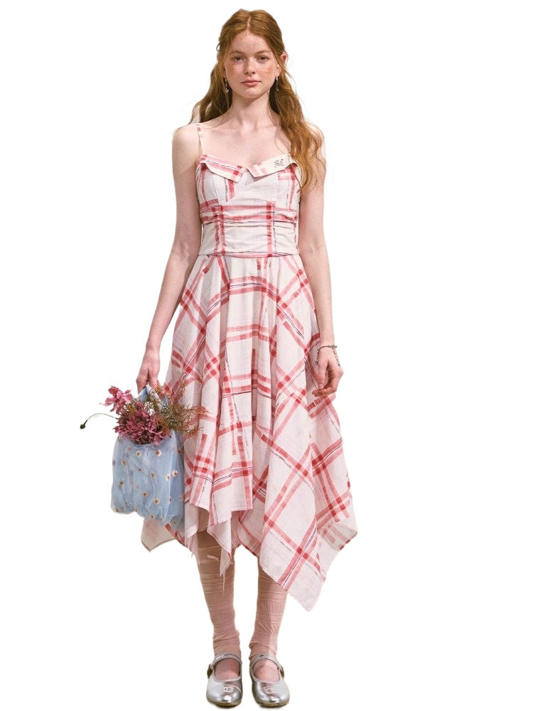 Plaid Irregular Waist-Cinching Spaghetti Strap Dress
