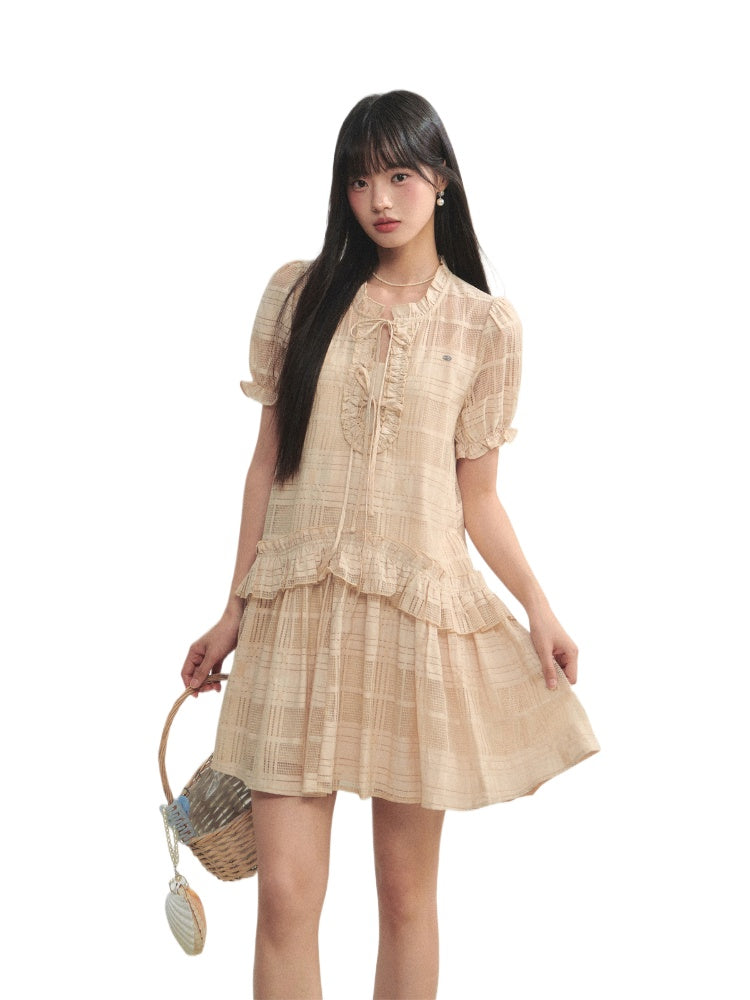 Checkered Hollow-Out Ruffled Dress Set
