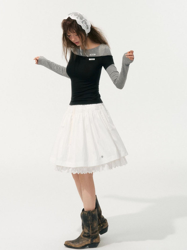 Irregular Fake Two-Piece Color-Block Knit T-shirt