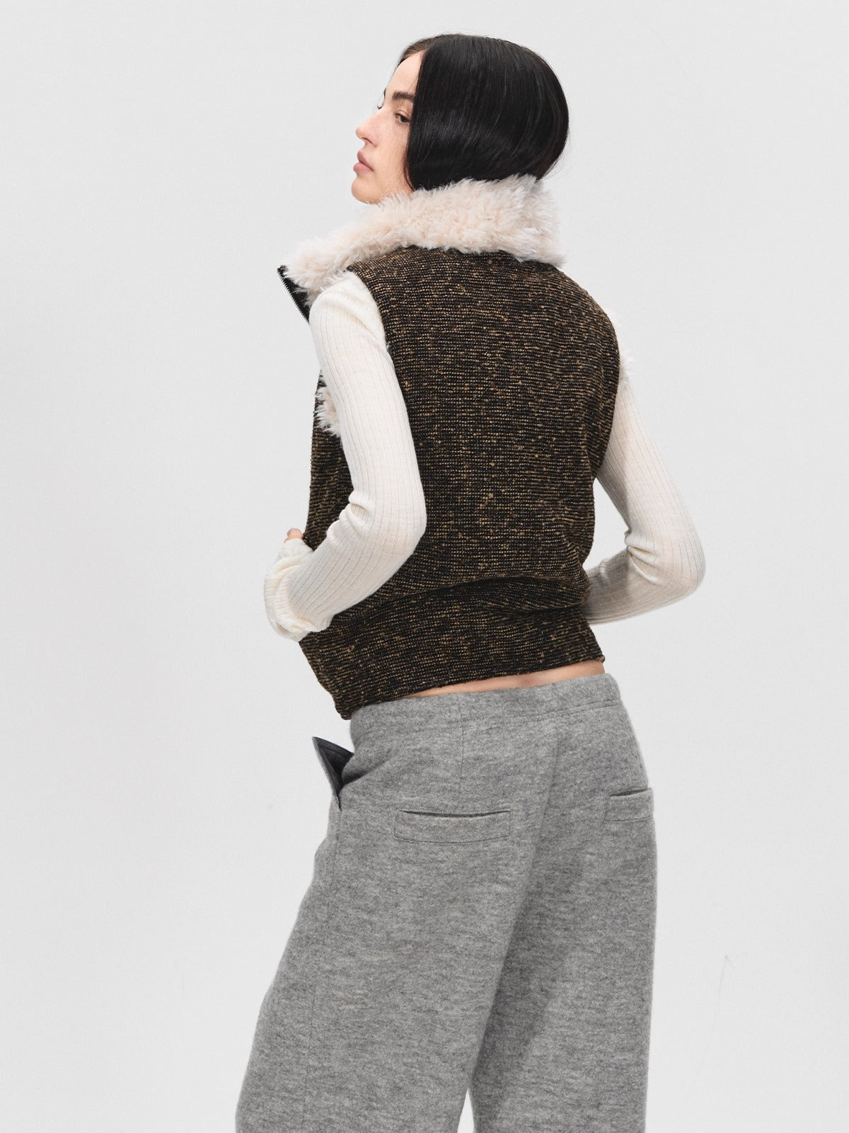 Reversible Wool Blend Faux Fur Vest Jacket