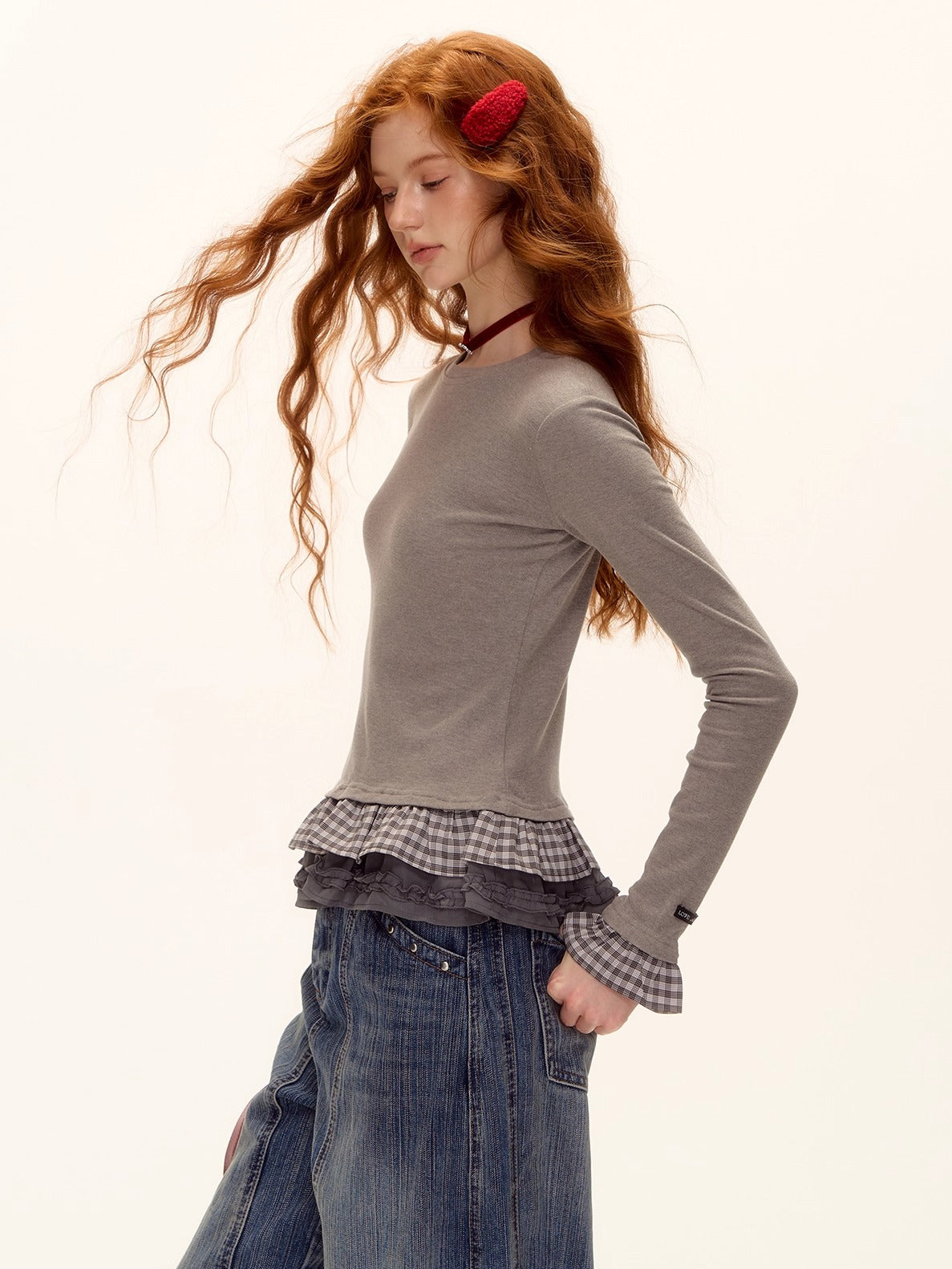 Wool Blend Tencel Plaid Knit Top