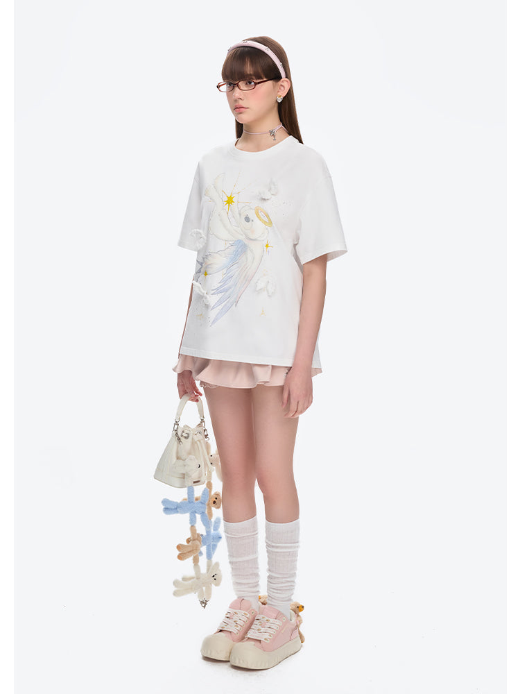 Angel Bear Illustration Cotton Short-sleeve T-shirt