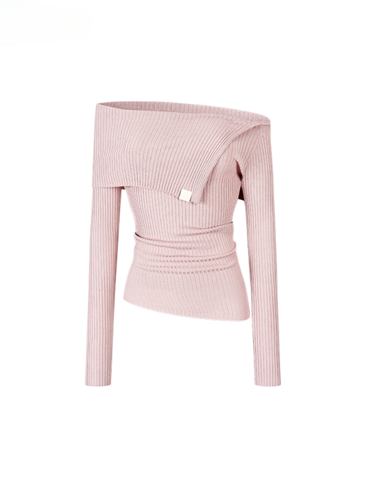 One-Shoulder Collared Knit Crewneck