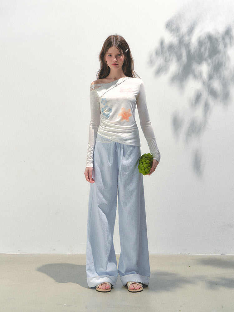 Vertical Striped Drawstring Waist Pink - Blue Pants