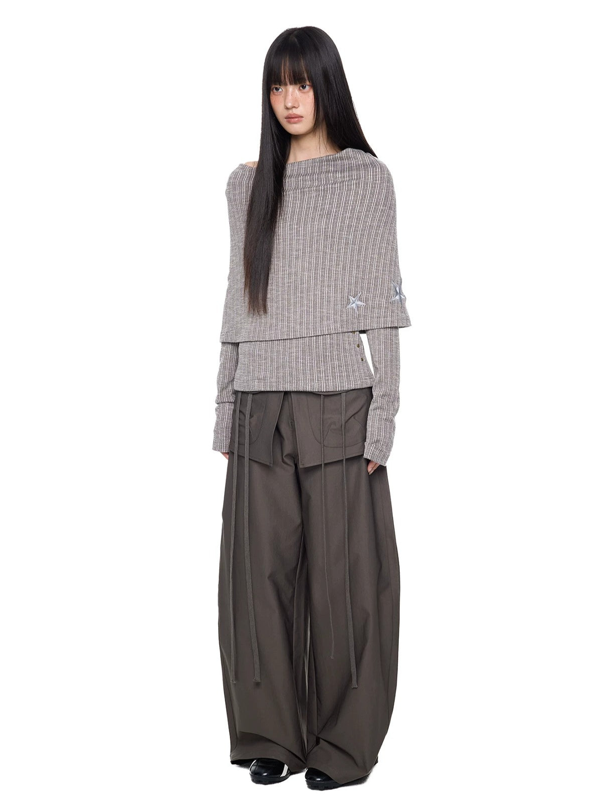 Asymmetric Striped Knit Shoulder Top