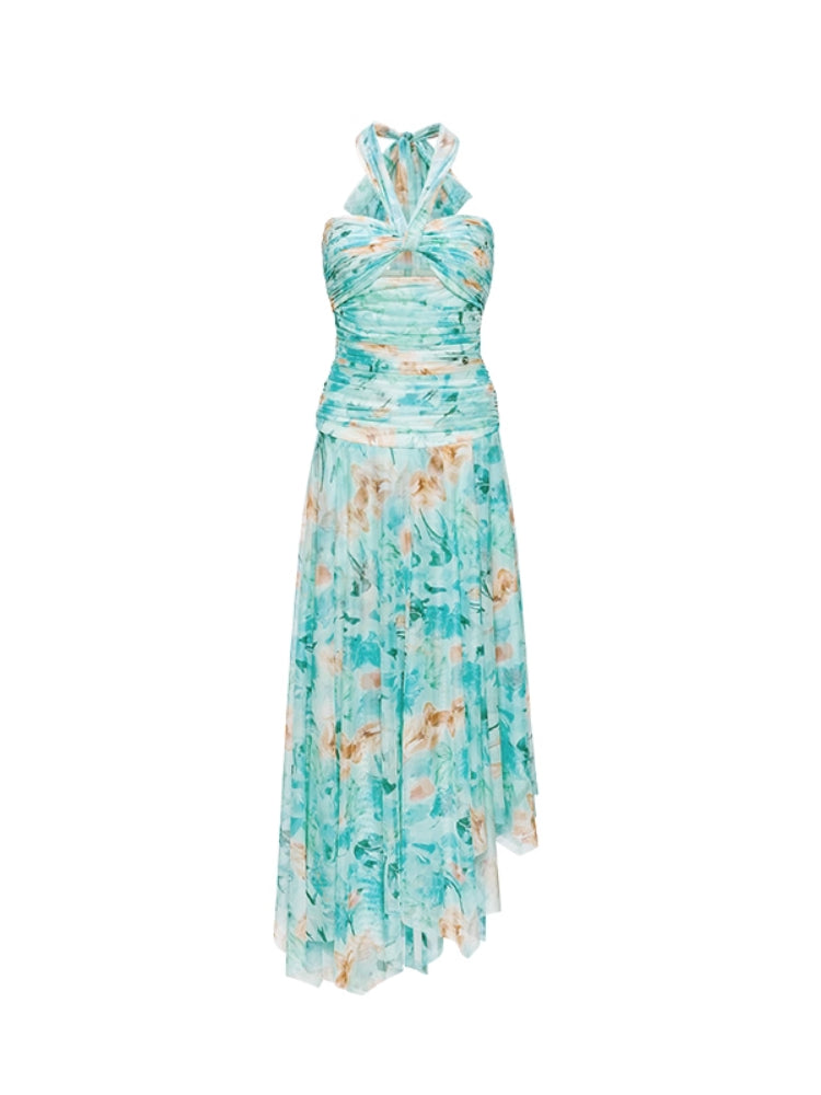 Floral-print Floral Ribbon Neckline Hollow-out Dress