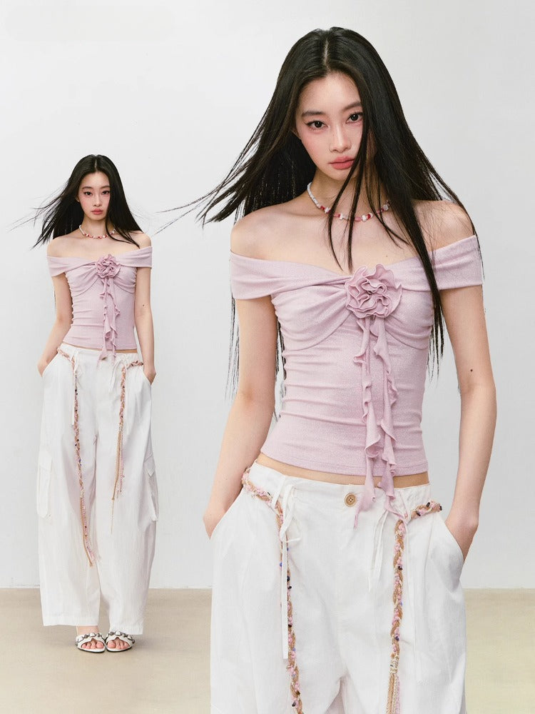 3D Rose One-shoulder Short-sleeve T-shirt