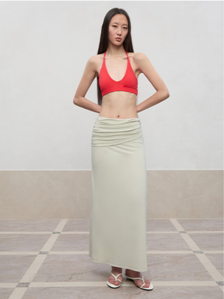 Lyocell Pleated Mid-Low Waist Midi Skirt
