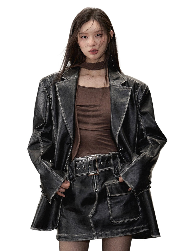 Vintage PU Leather Jacket & Skirt Two-Piece Set