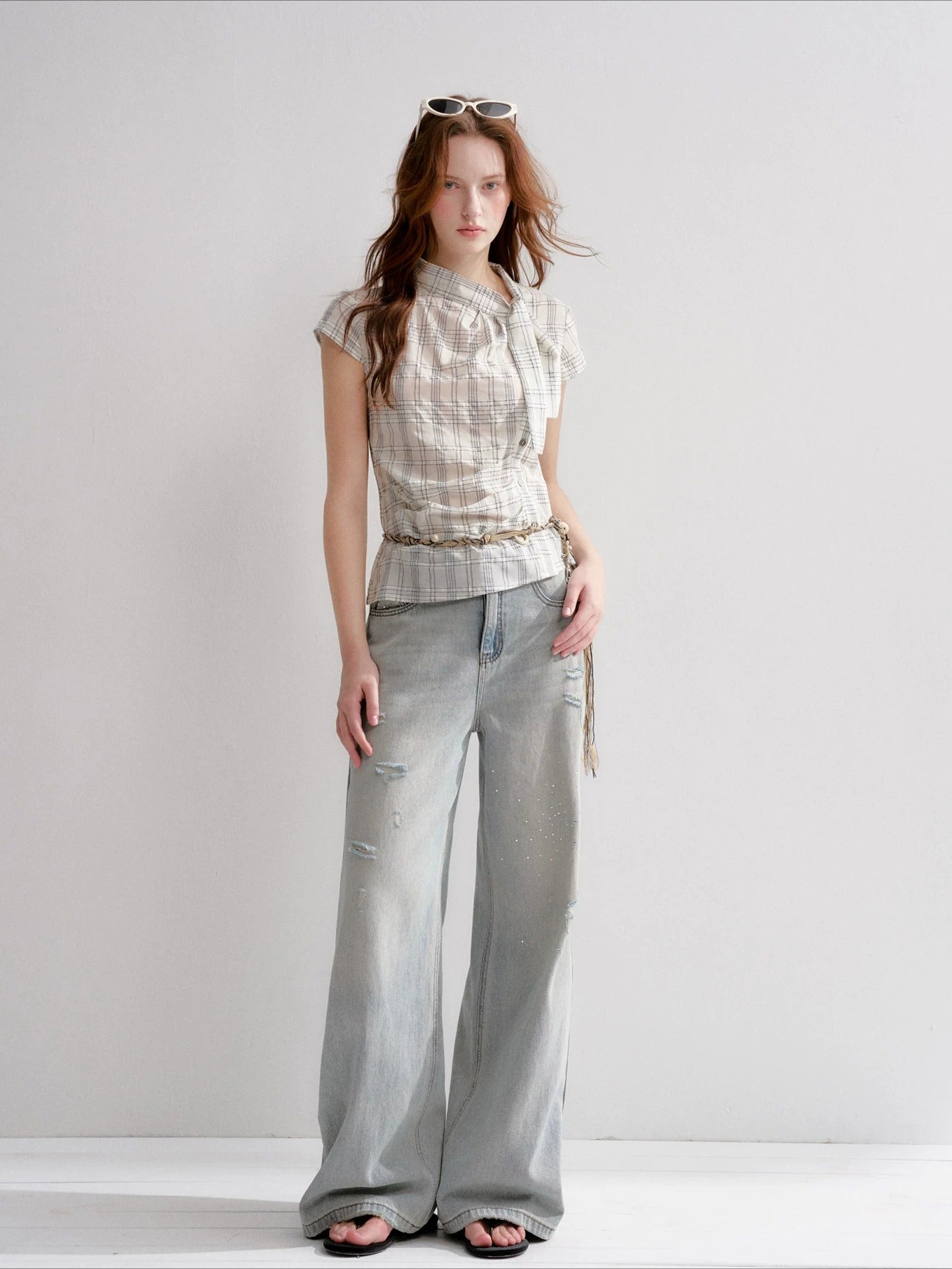 Ruched Plaid Blouse