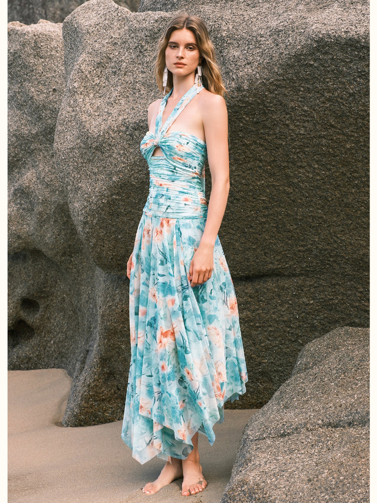 Floral-print Floral Ribbon Neckline Hollow-out Dress